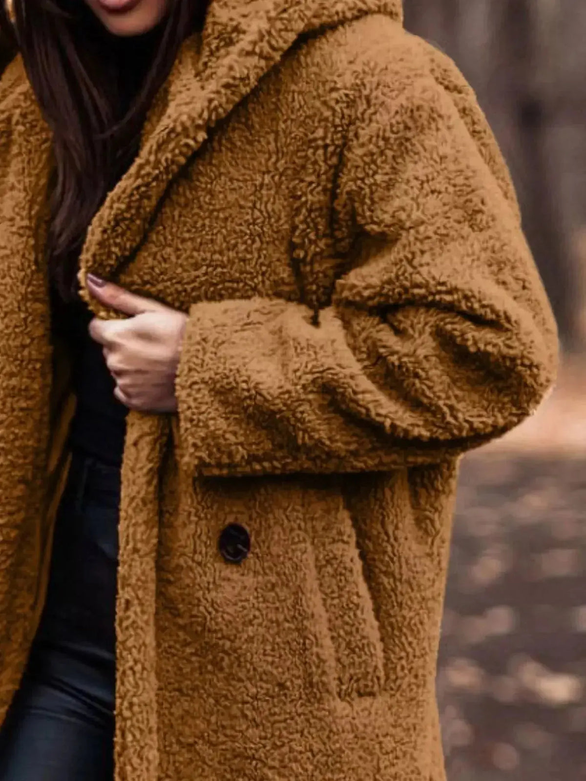 Lightweight Plush Fashion Hub teddy bear longline hooded jacket with soft plush material and cozy design.
