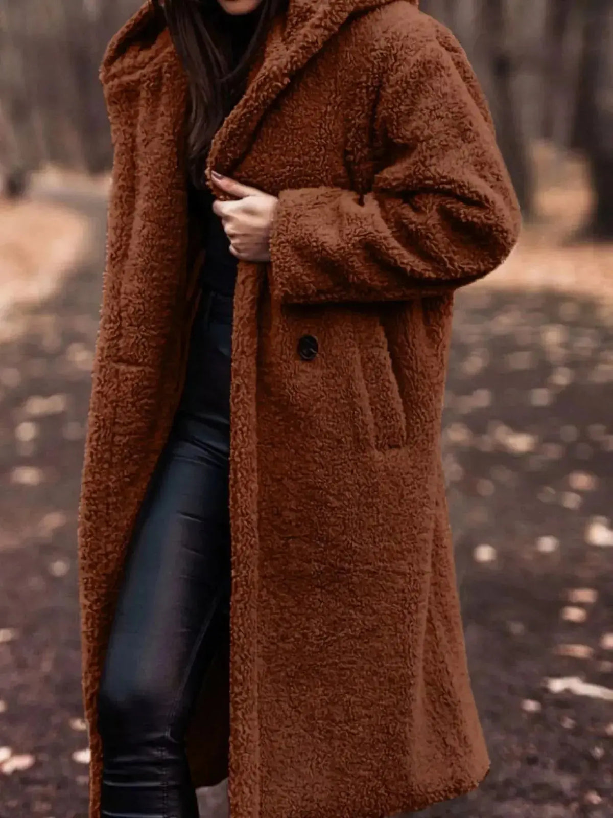 Soft plush teddy bear longline hooded jacket by Plush Fashion Hub, lightweight outerwear with cozy teddy bear design and hood.