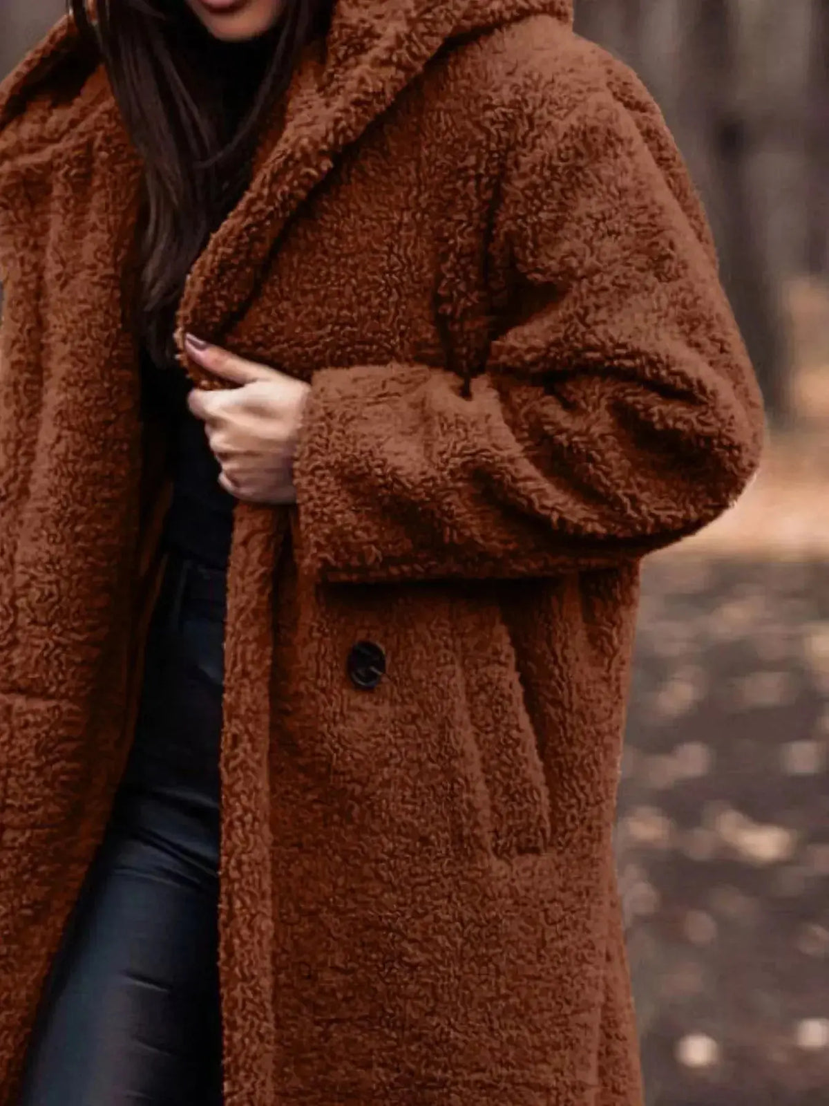 Soft plush teddy bear longline hooded jacket by Plush Fashion Hub, lightweight outerwear with cozy, plush teddy bear design.