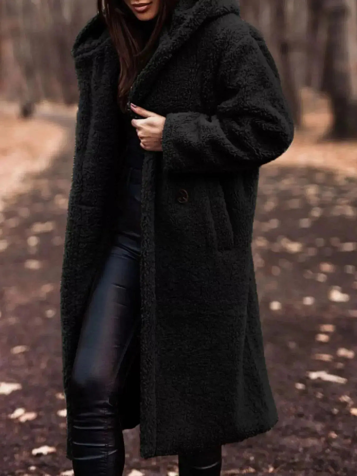 Soft plush teddy bear longline hooded jacket from Plush Fashion Hub, lightweight outerwear with cozy, plush teddy bear design.