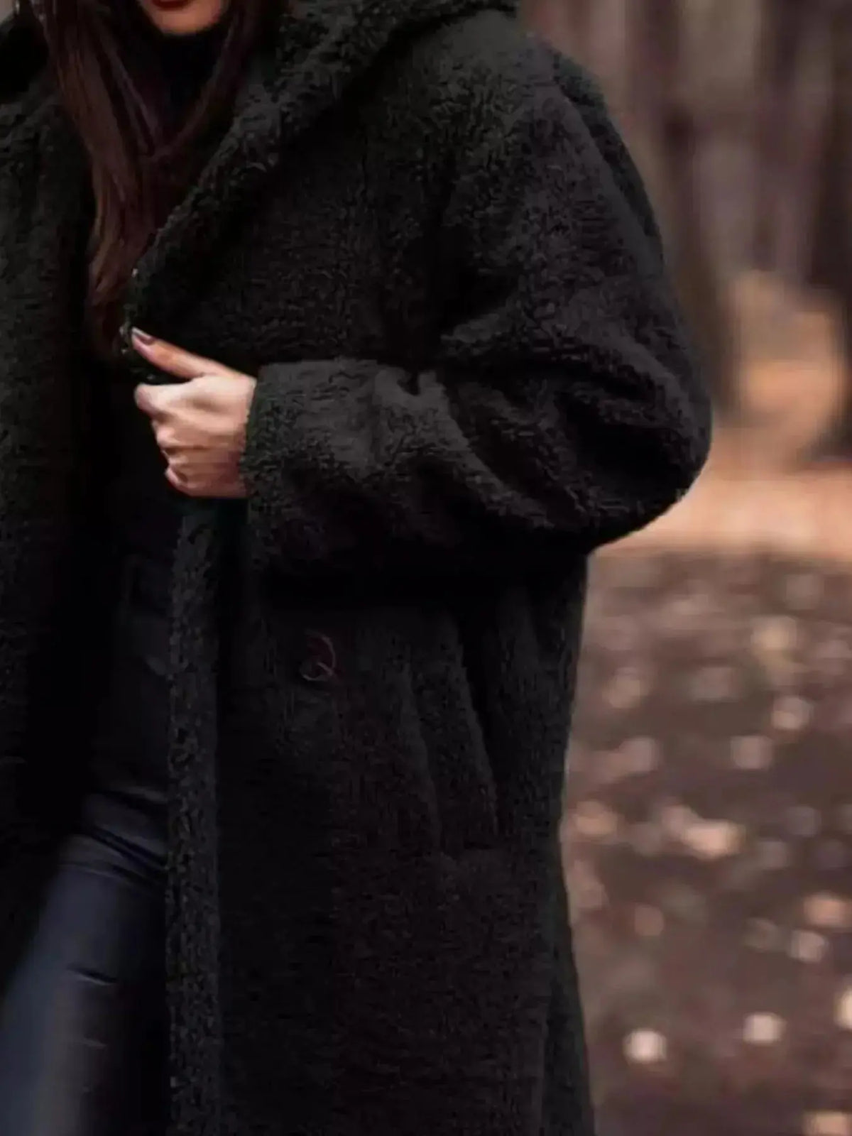 Soft plush teddy bear hooded longline jacket by Plush Fashion Hub, lightweight outerwear with cozy teddy bear design and hood.