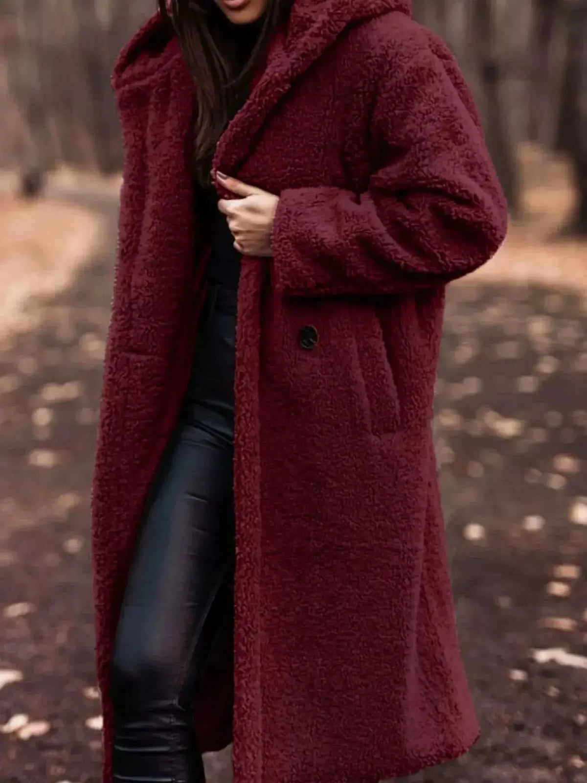 Lightweight plush teddy bear hooded longline jacket by Plush Fashion Hub, cozy outerwear with soft plush fabric and hood.