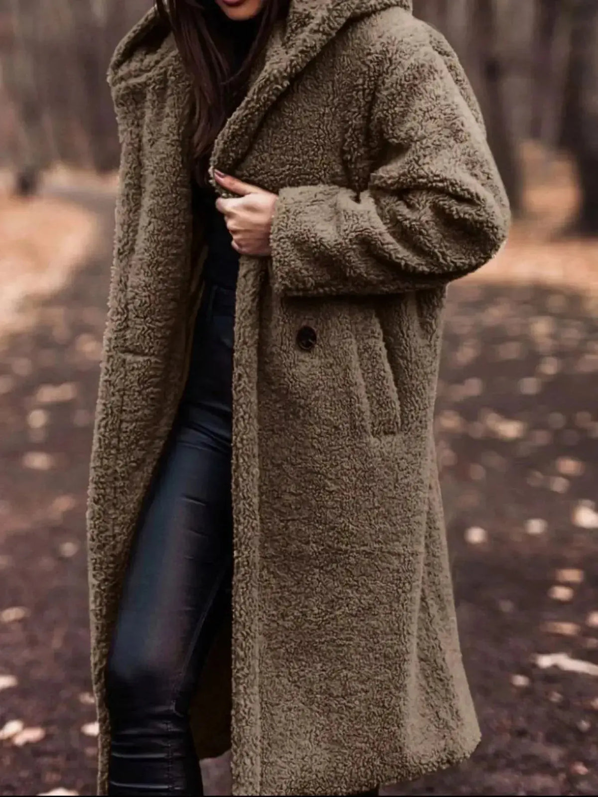 Lightweight plush teddy bear hooded longline jacket by Plush Fashion Hub, featuring soft plush fabric and cozy outerwear design.