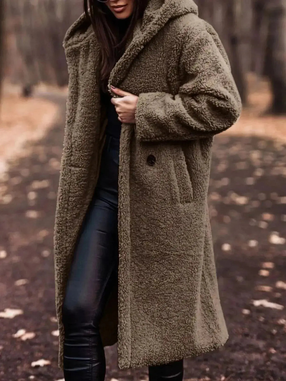 Lightweight plush teddy bear hooded jacket from Plush Fashion Hub, featuring a cozy longline design and soft plush material.