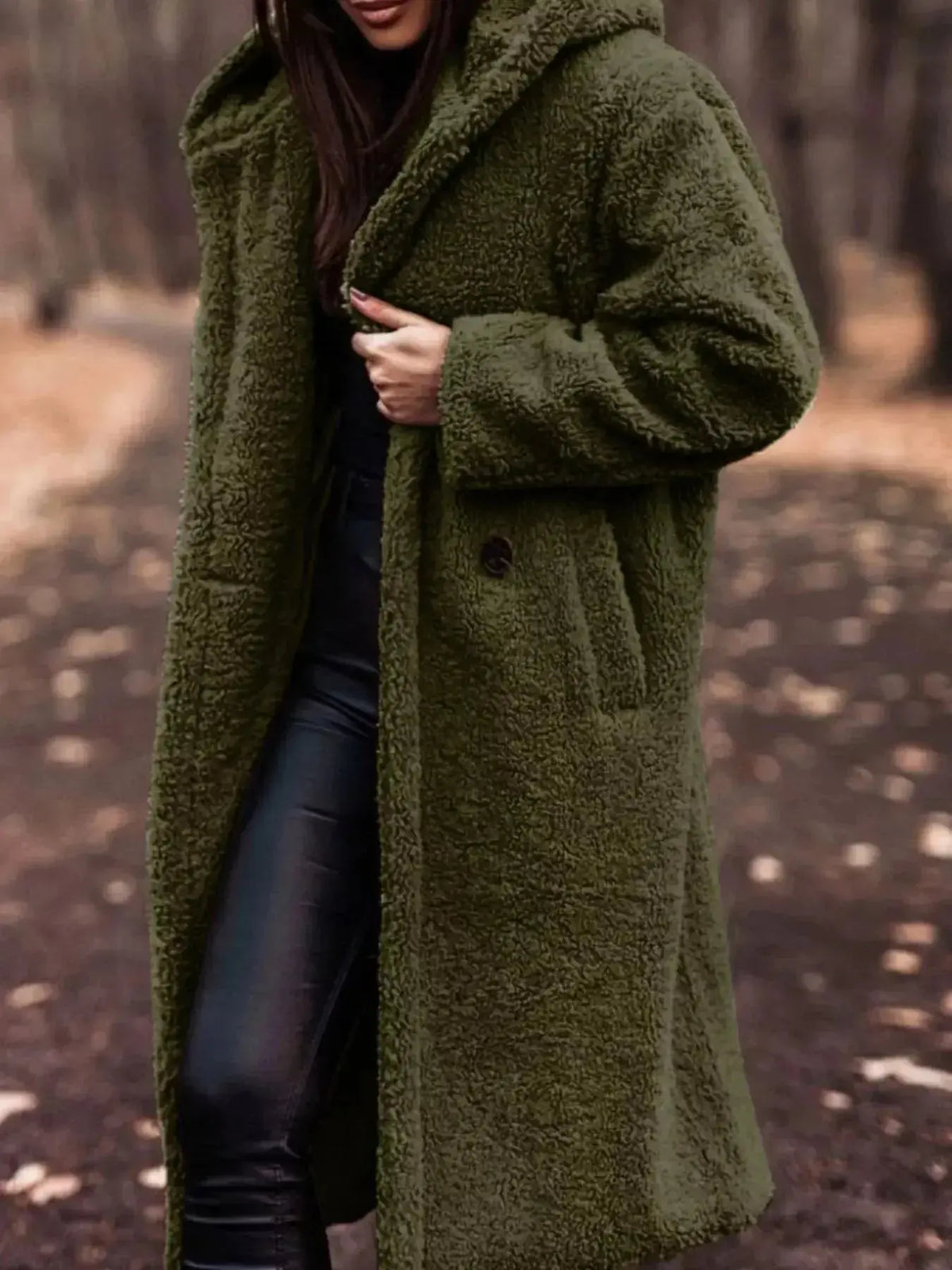Lightweight plush teddy bear hooded longline jacket by Plush Fashion Hub, soft and cozy outerwear for chilly days.