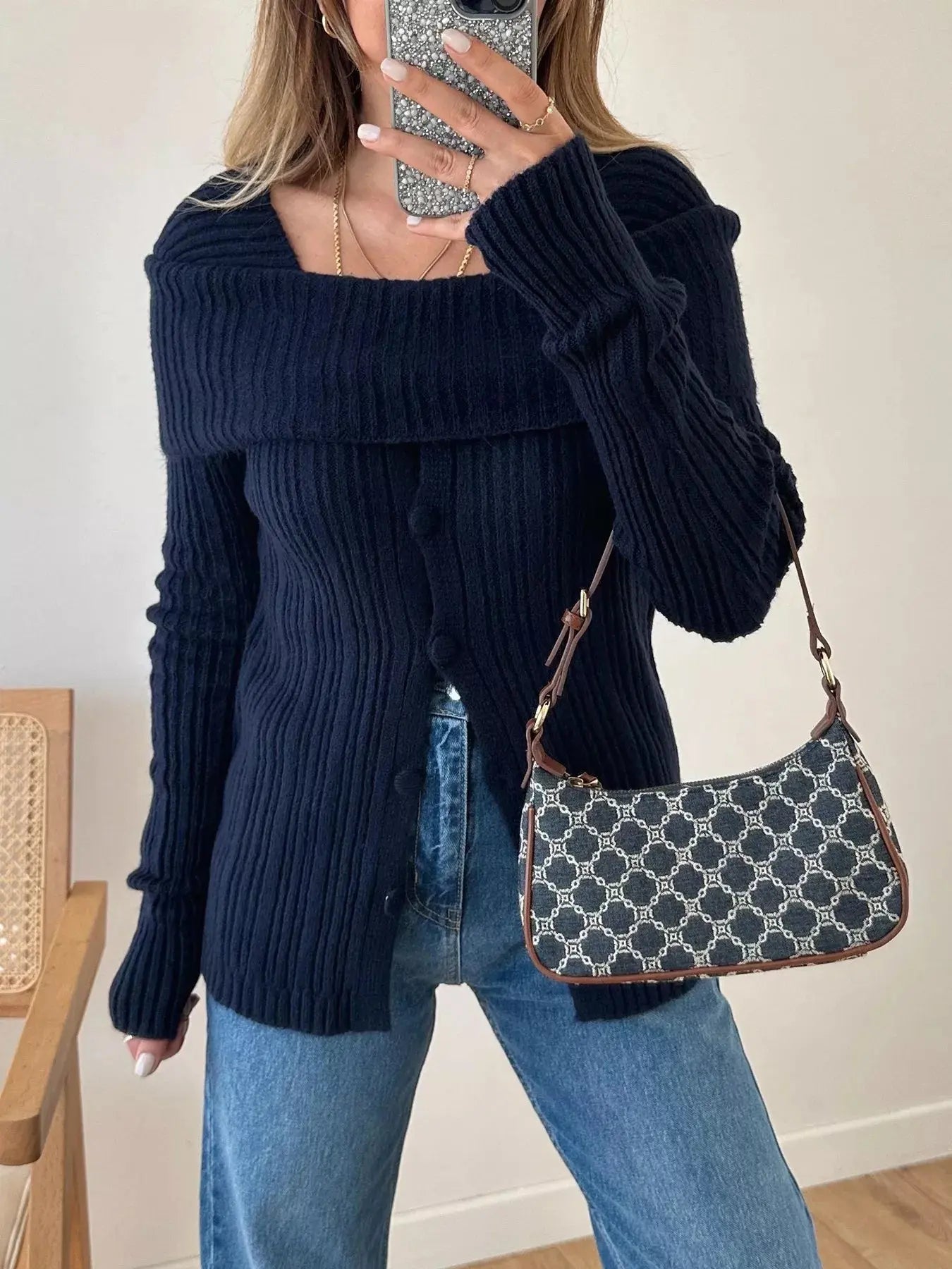 Textured Slit Front Long Sleeve Knit Top - Plush Fashion Hub