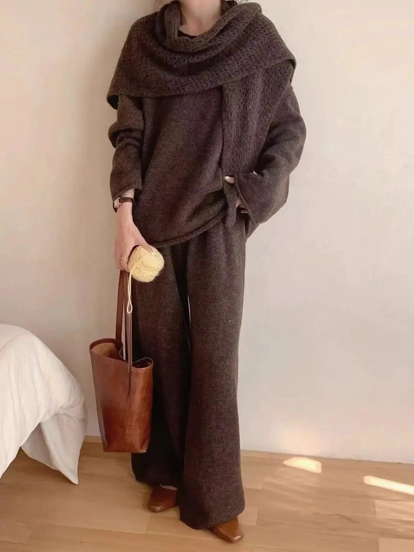 Three-Piece Set: Knitted Sweater + Openwork Shawl + Casual Trousers PAINEVIDA 59.99