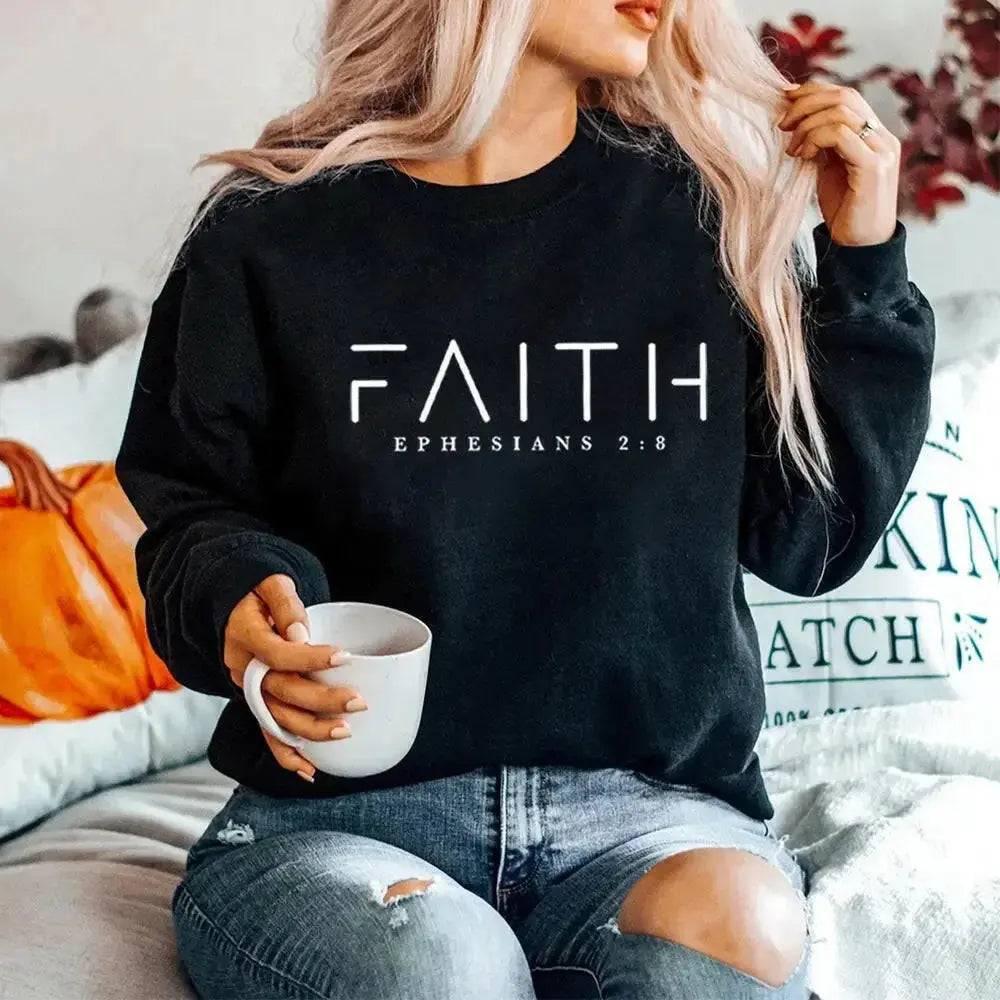 Trendy Faith Bible Verse Christian crewneck sweatshirt by Plush Fashion Hub featuring inspirational religious text on soft fabric.