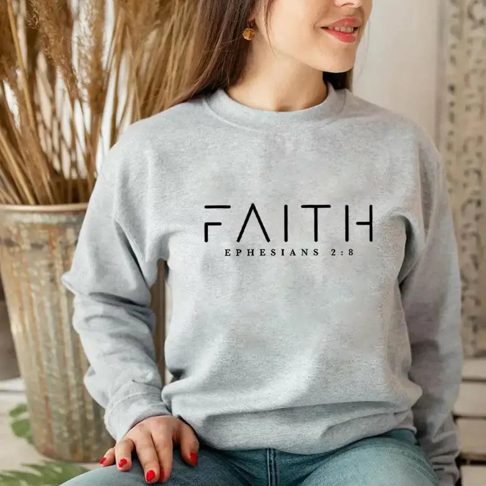 Trendy Faith Bible Verse Christian crewneck sweatshirt by Plush Fashion Hub featuring religious text on soft, comfortable fabric.