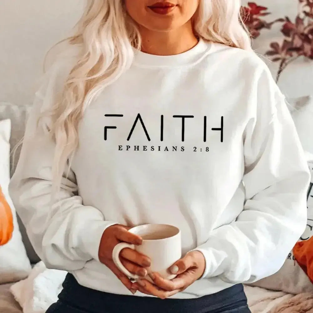 Trendy Faith Bible verse Christian crewneck sweatshirt by Plush Fashion Hub, featuring a stylish design with religious text.