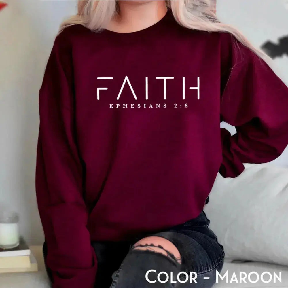 Trendy Faith Bible Verse Christian crewneck sweatshirt by Plush Fashion Hub featuring inspirational scripture design.