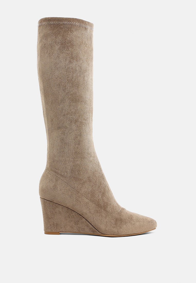 London Rag Tulsha microfiber wedge heel boots in taupe with a sleek design and comfortable wedge sole.
