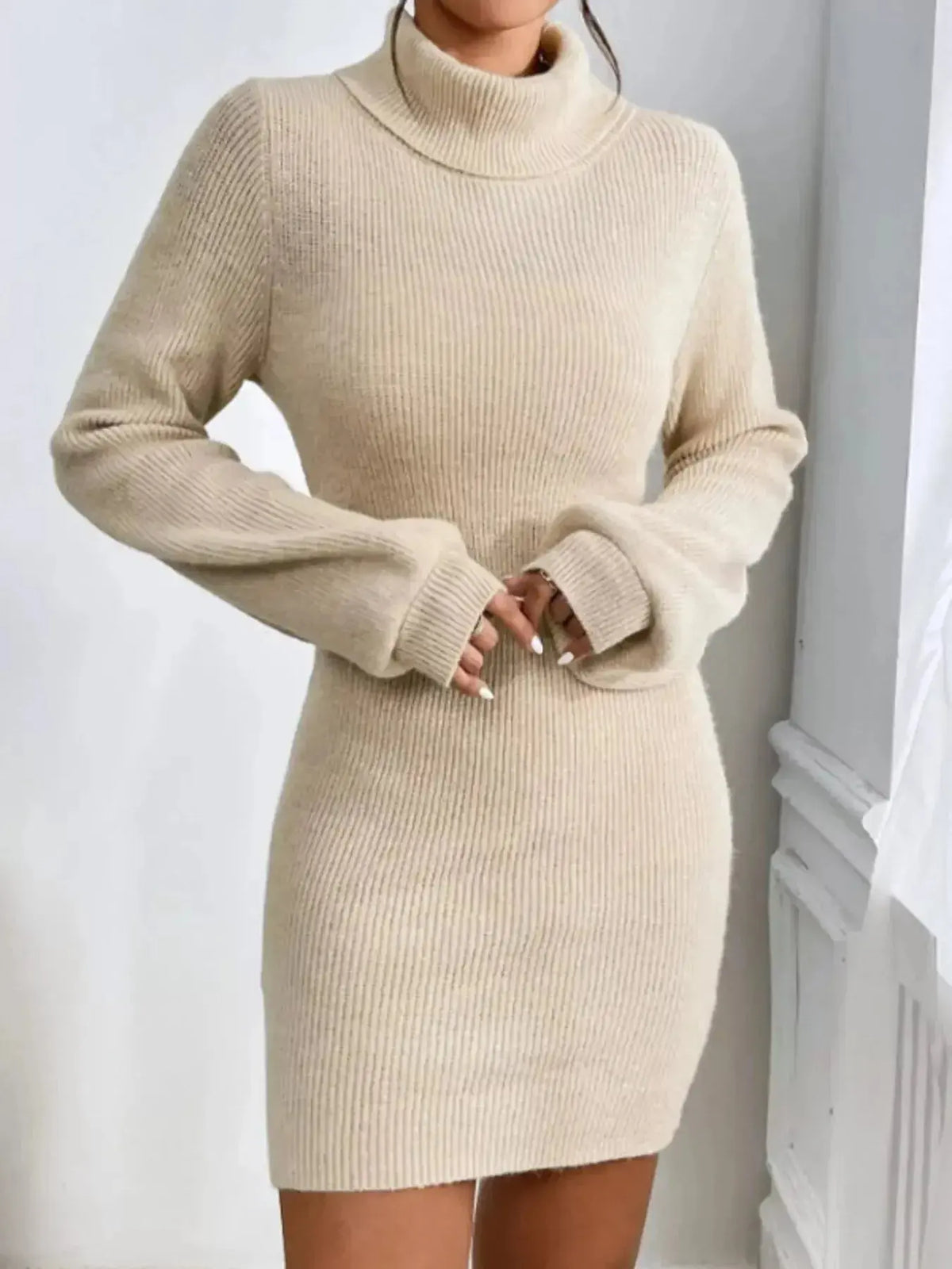 Women's ribbed knit turtleneck midi sweater dress with long sleeves from Plush Fashion Hub, featuring a fitted silhouette and cozy texture.