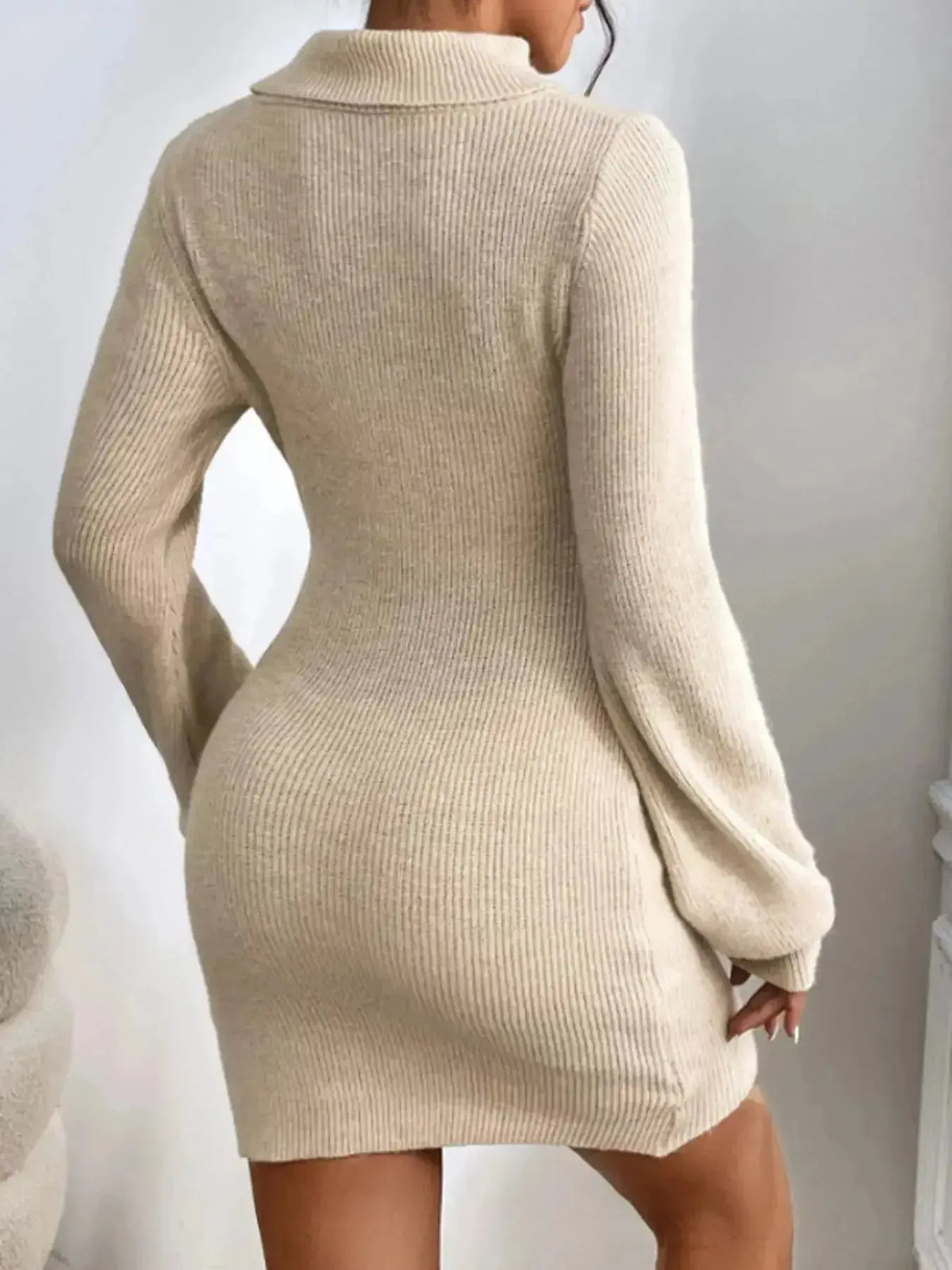 Women’s ribbed knit turtleneck midi sweater dress with long sleeves, stylish and comfortable from Plush Fashion Hub.