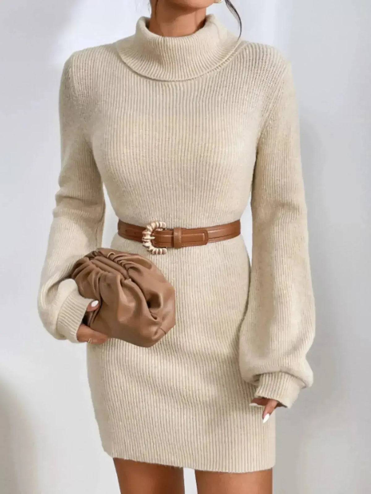 Women's ribbed knit turtleneck midi sweater dress with long sleeves, stylish and cozy from Plush Fashion Hub.