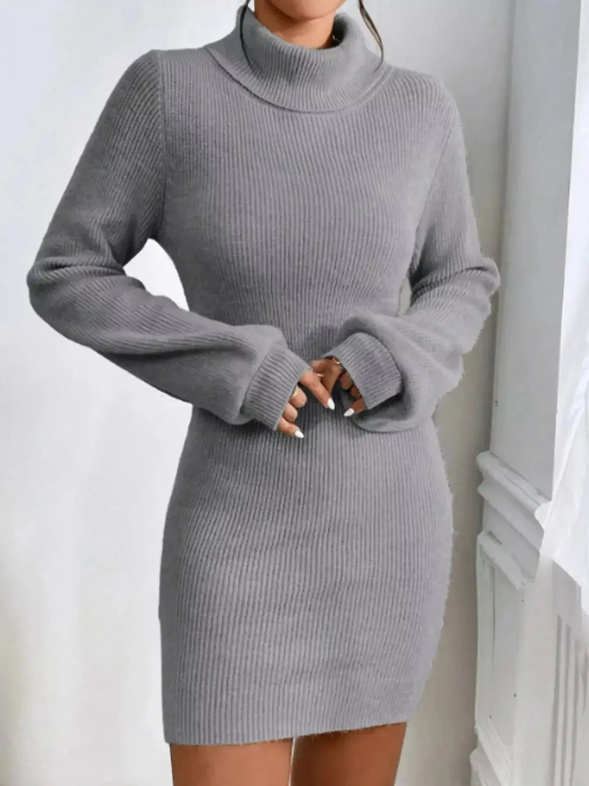 Women's ribbed knit turtleneck midi sweater dress with long sleeves, featuring a fitted silhouette in a Plush Fashion Hub design.