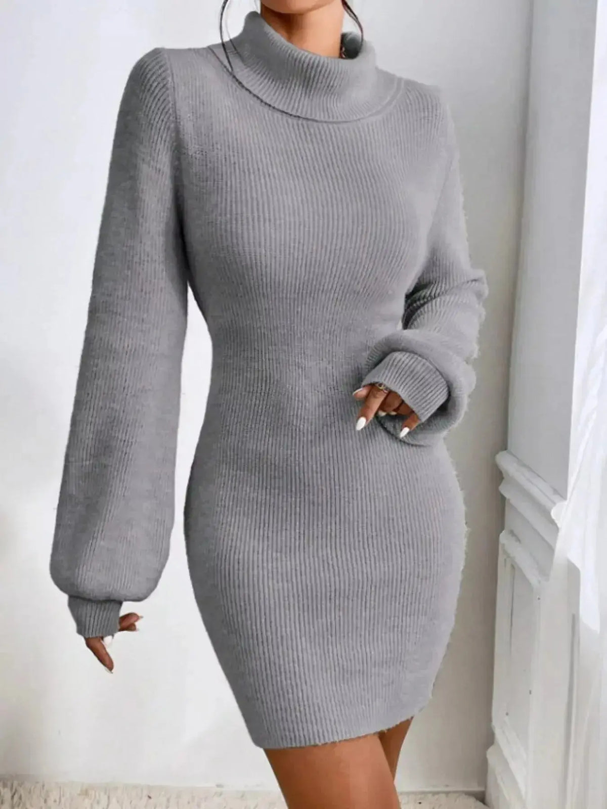 Women's ribbed knit turtleneck midi sweater dress with long sleeves, stylish and cozy from Plush Fashion Hub.