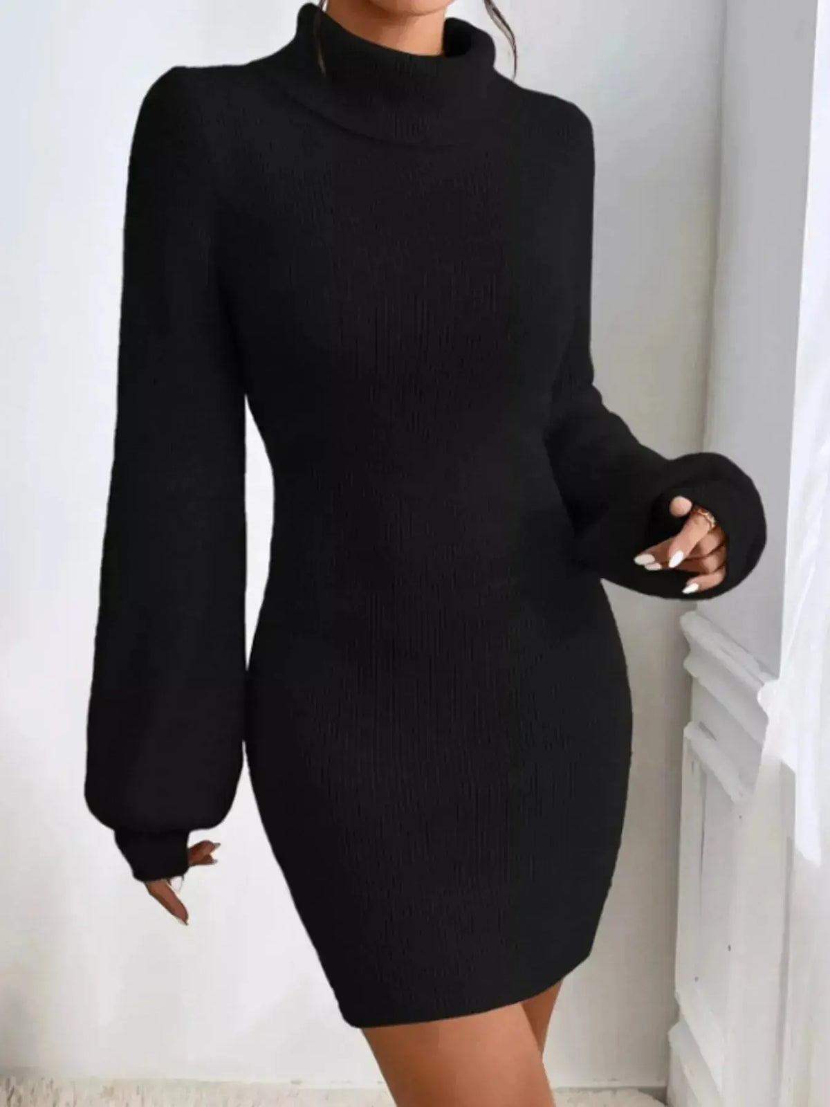 Women's ribbed knit turtleneck midi sweater dress with long sleeves, from Plush Fashion Hub, shown on a model.