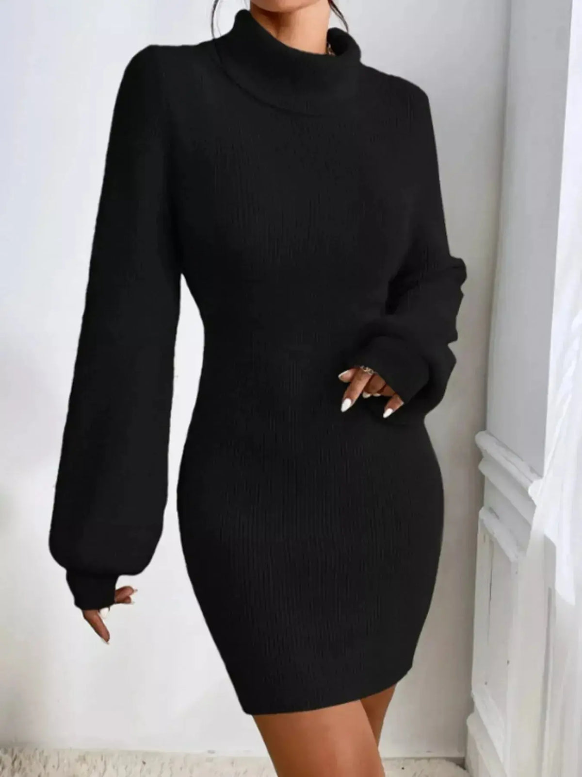 Women's ribbed knit turtleneck midi sweater dress with long sleeves from Plush Fashion Hub, showing the fitted, cozy design.