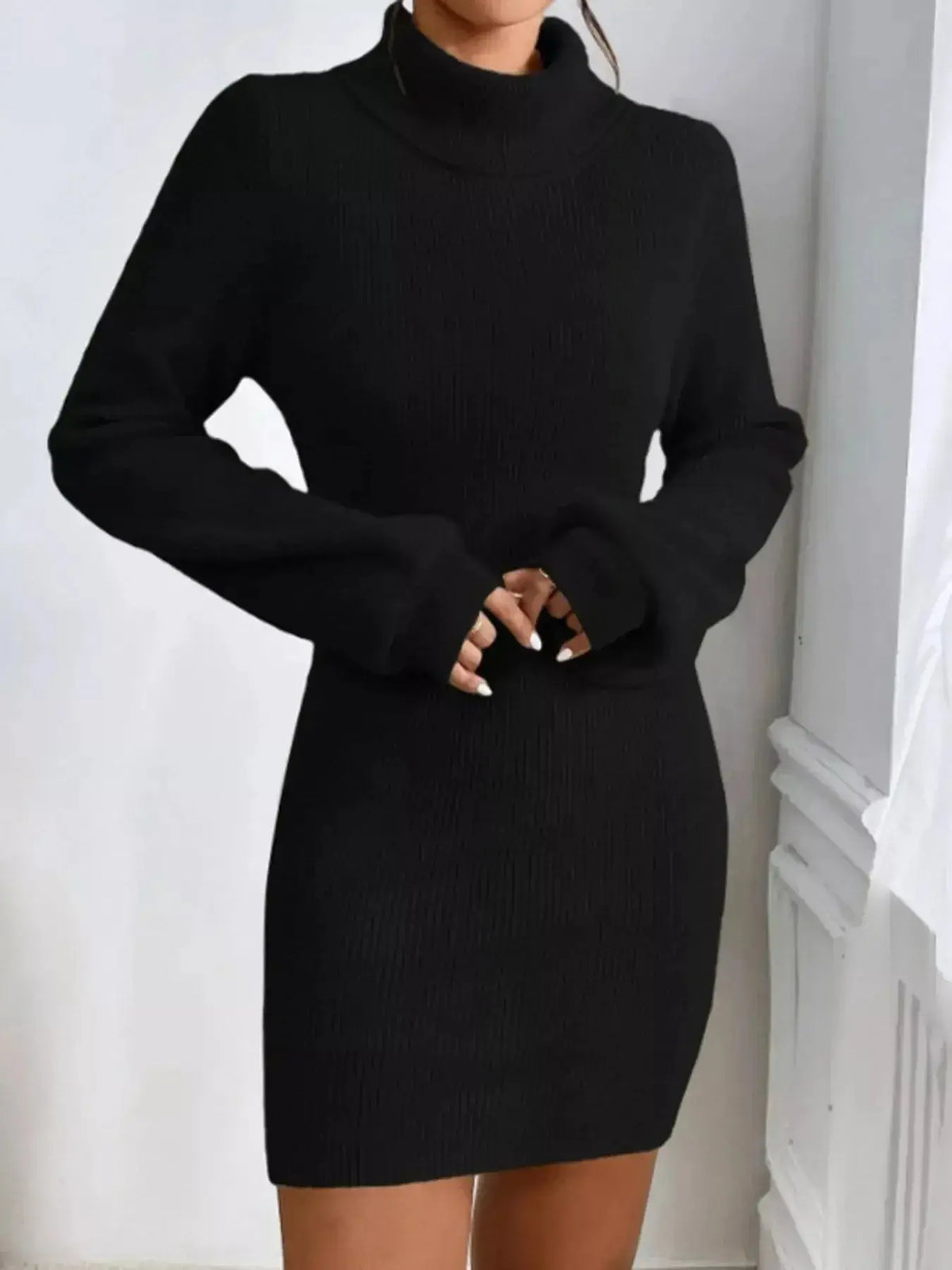 Women's ribbed knit turtleneck midi sweater dress with long sleeves from Plush Fashion Hub, featuring a fitted silhouette and cozy fabric.