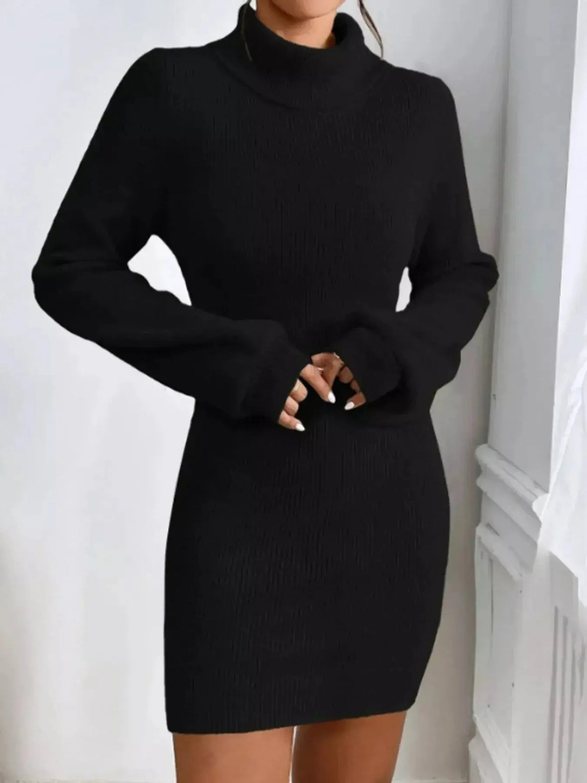 Women's ribbed knit turtleneck midi sweater dress with long sleeves by Plush Fashion Hub, shown in a cozy, fitted style.