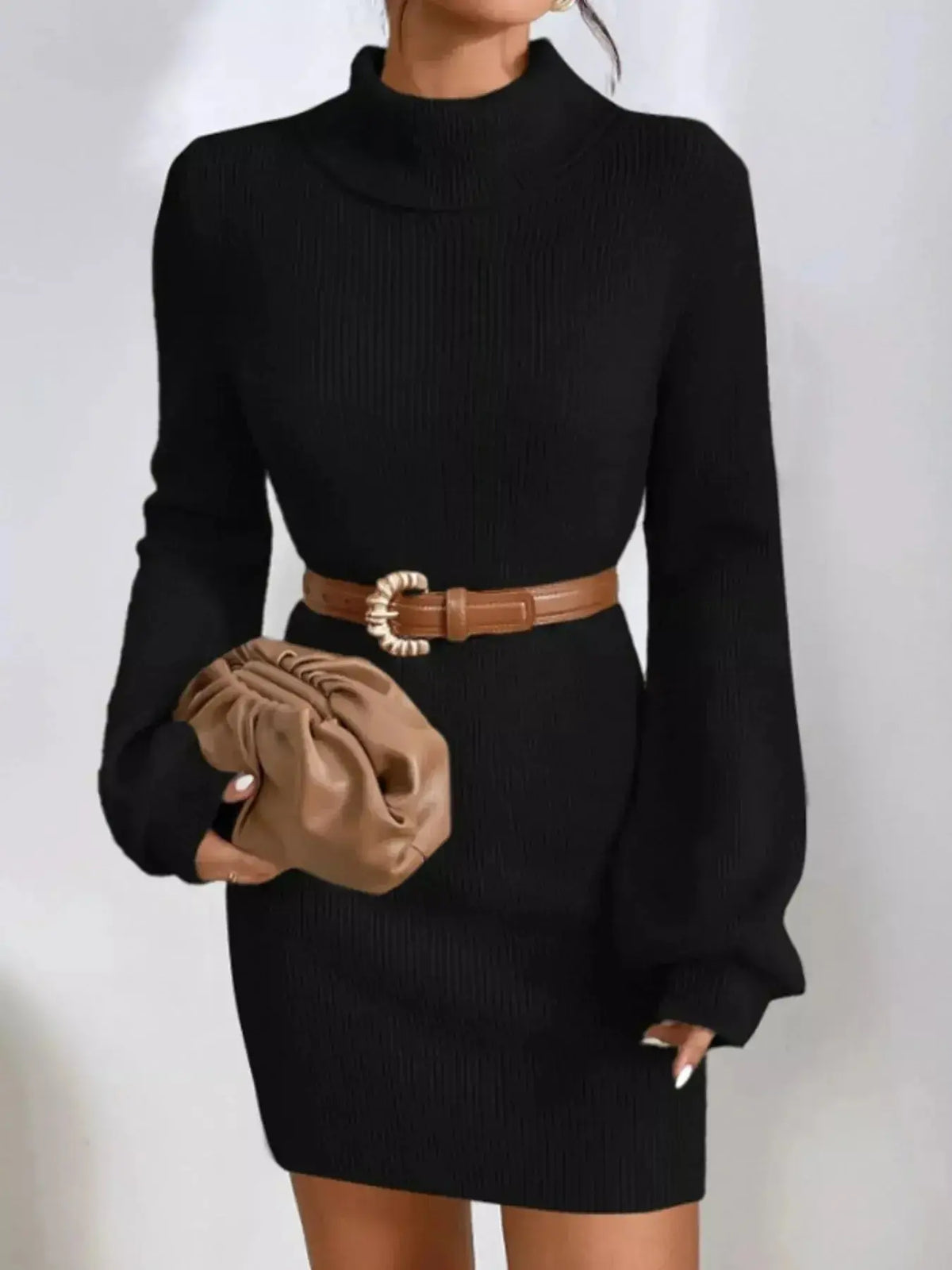 Women's ribbed knit turtleneck midi sweater dress with long sleeves, stylish and cozy from Plush Fashion Hub.