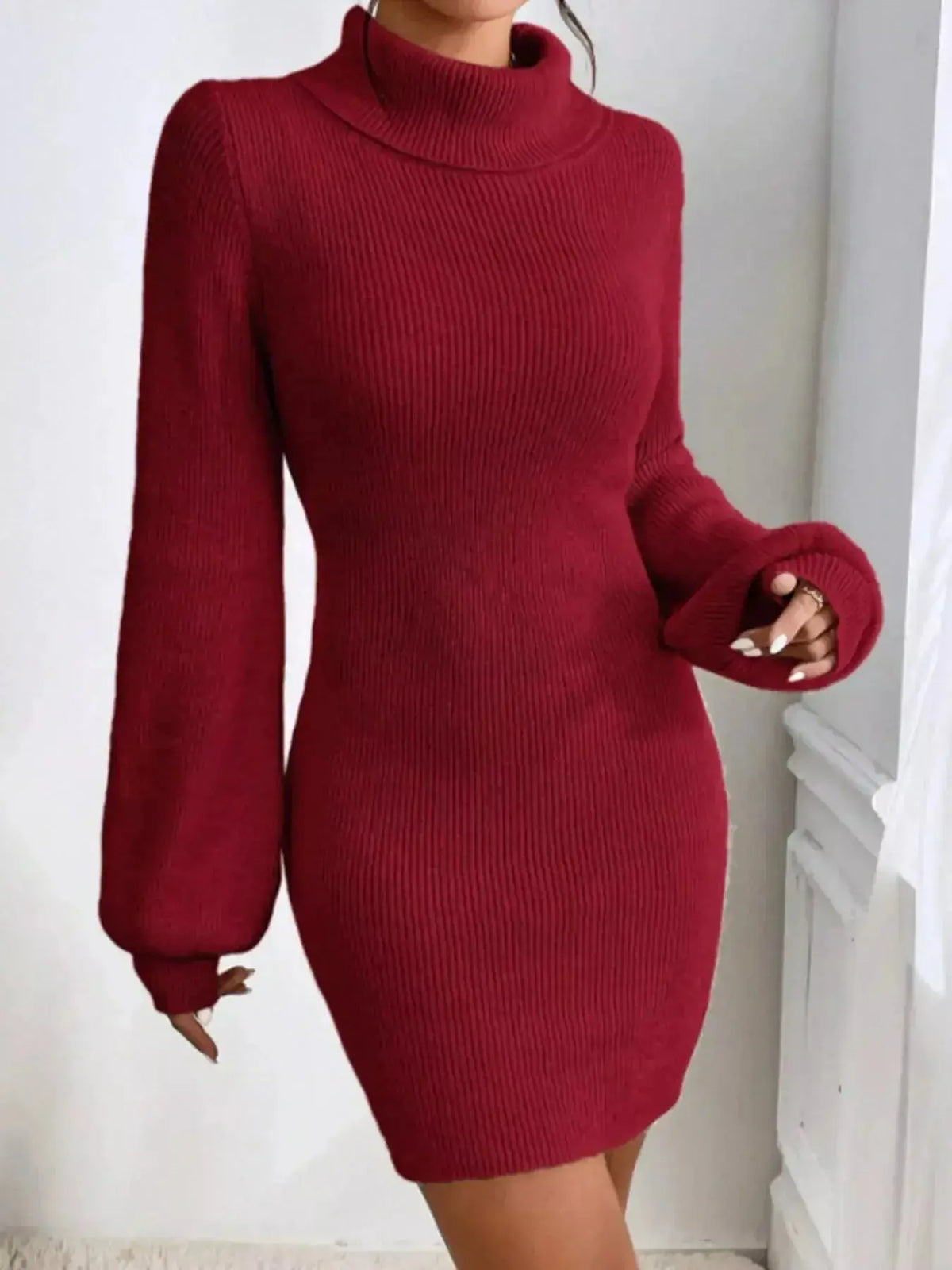 Women's ribbed knit turtleneck midi sweater dress with long sleeves, from Plush Fashion Hub, shown on a model.