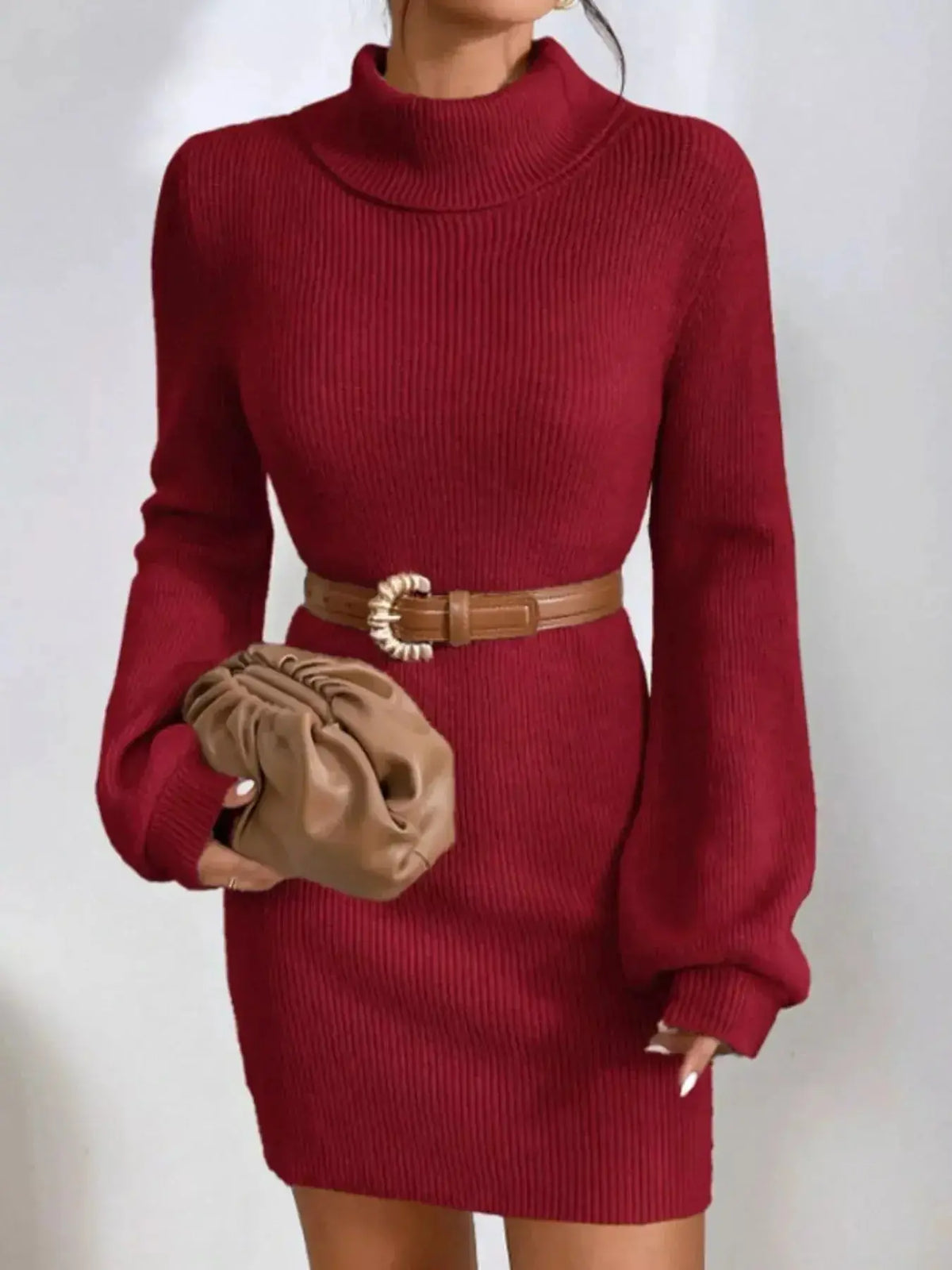Women's ribbed knit turtleneck midi sweater dress with long sleeves from Plush Fashion Hub, featuring a fitted silhouette and cozy fabric.