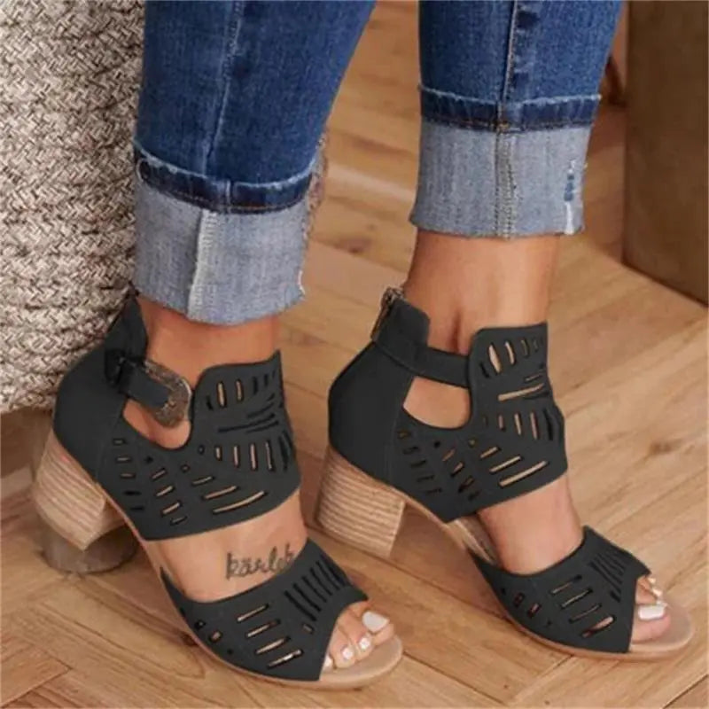 Women's floral cutout chunky heels sandals with open toe design, stylish and comfortable footwear from Trendy Attic Store01.