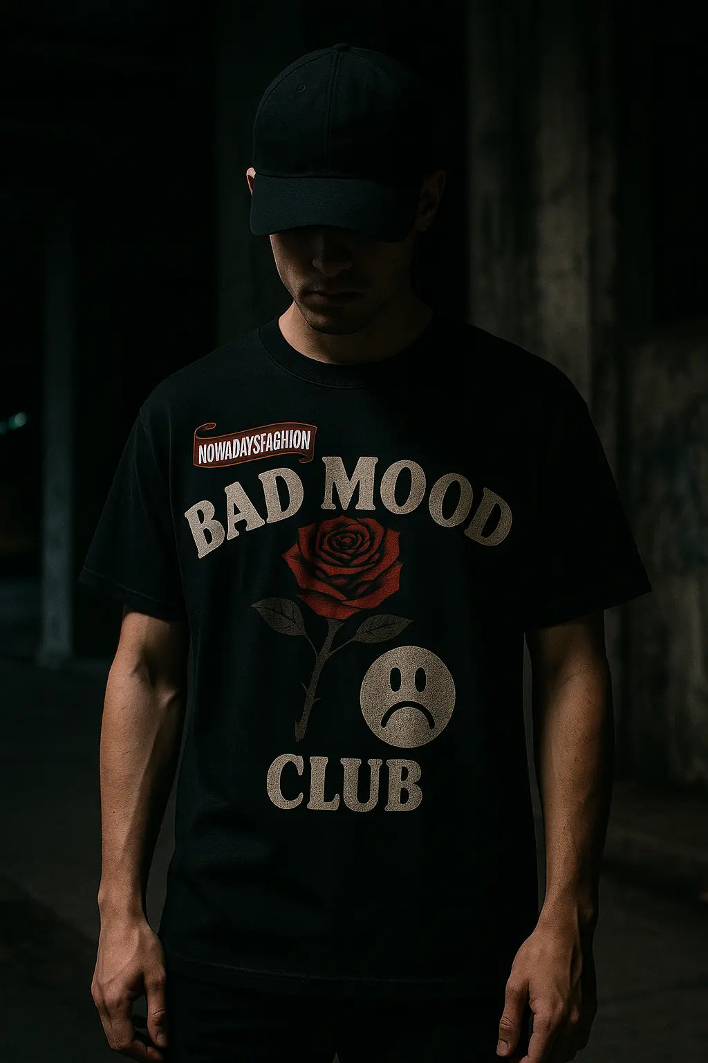 Unisex BAD MOOD CLUB Graphic T-Shirt – Sad Face & Rose Dark Streetwear Tee nowadaysfashion