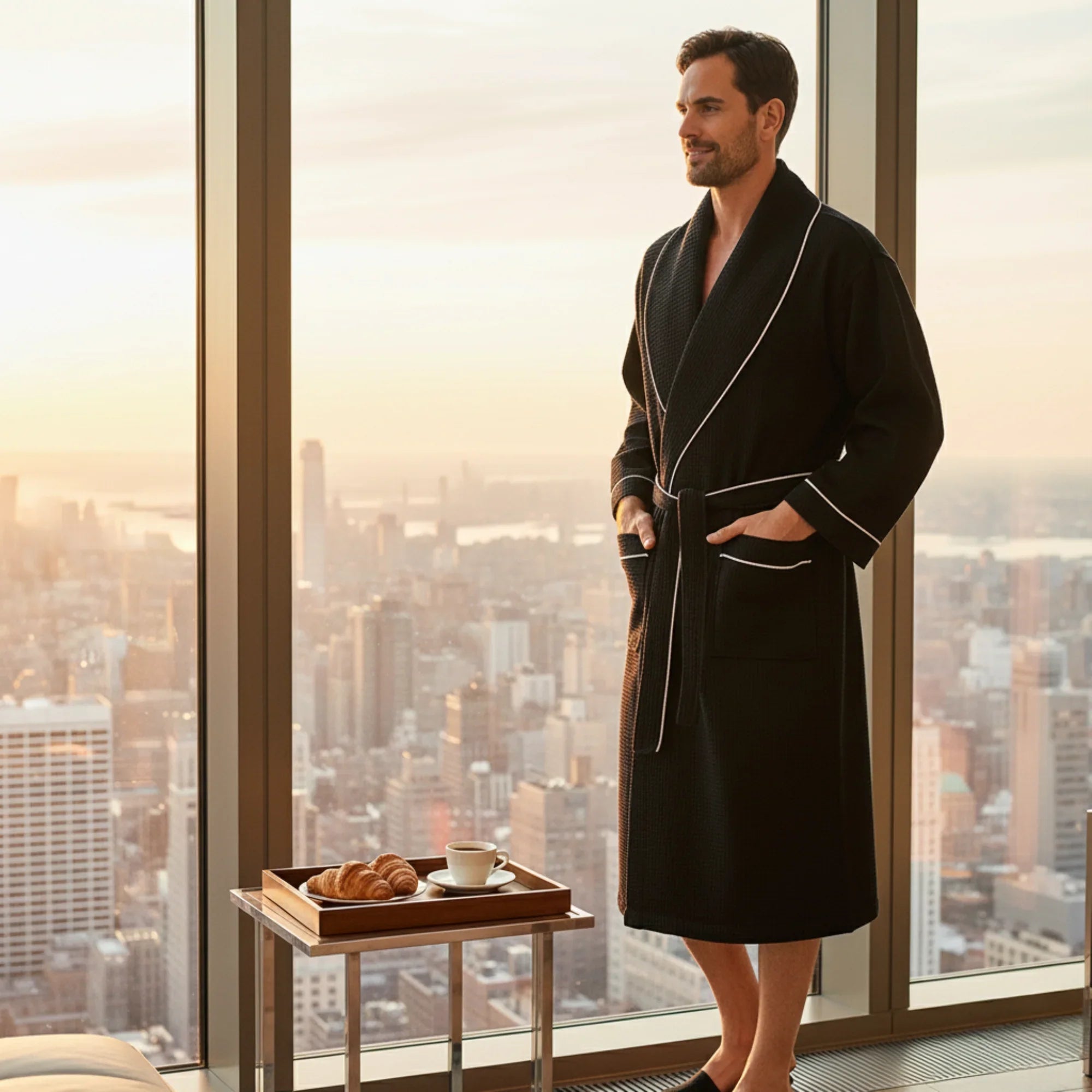 Luxury Lotus Linen men's waffle piping robe with a cozy, textured fabric and piping details, shown hanging on a hook.