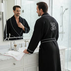 Lotus Linen men's waffle piping robe with a plush, textured fabric, featuring a comfortable collar and belt for a relaxed fit.