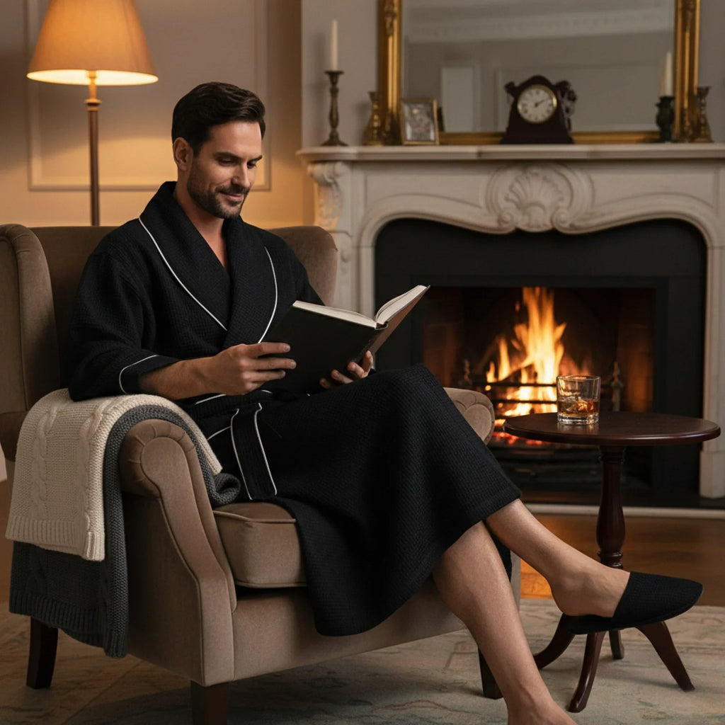 Luxurious Lotus Linen men's waffle piping robe, soft and comfortable with a classic design and piping details, perfect for loungewear.