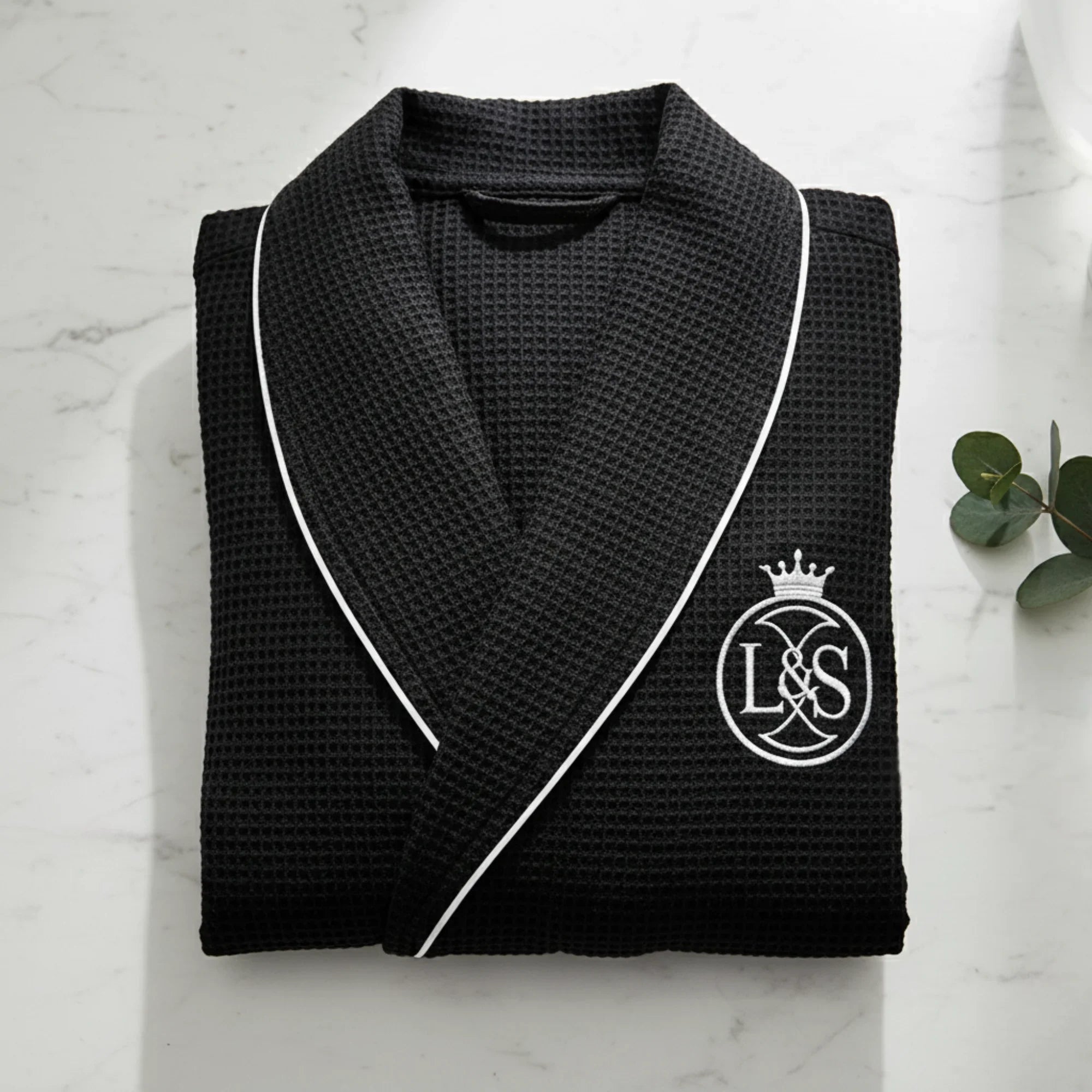 Luxurious Lotus Linen premium waffle piping men's robe hanging open, soft fabric and detailed piping visible.