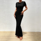 Elegant solid color slim fit women's round neck dress by Trendy Attic Store01, showcasing a stylish and fitted design.