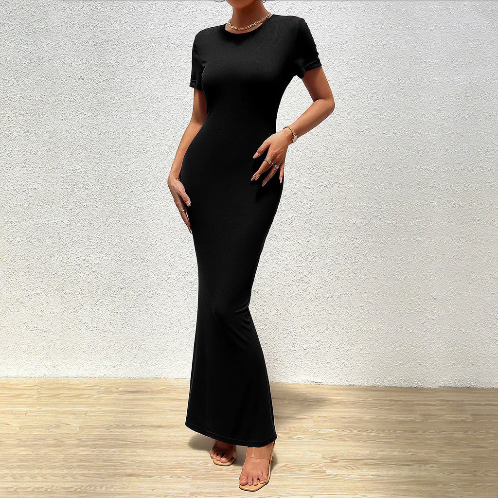 Elegant solid color slim fit round neck women's dress by Trendy Attic Store01, displayed on a hanger with a simple background.