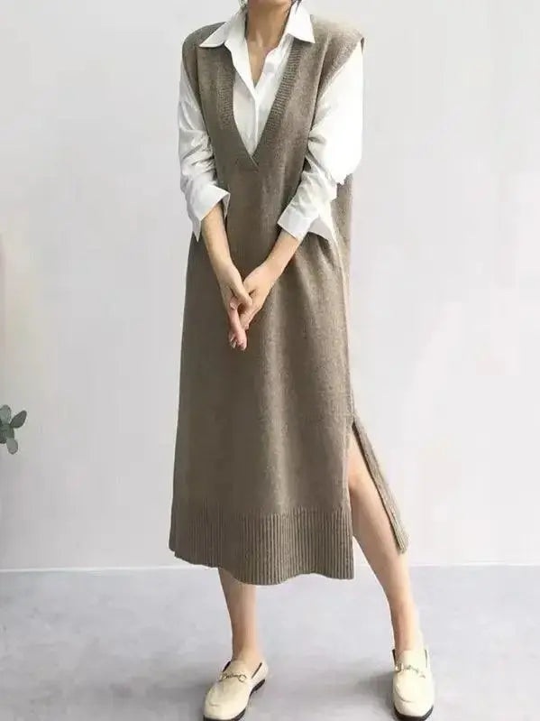 V-neck sleeveless knit midi dress with split side and ruffled details by Plush Fashion Hub.