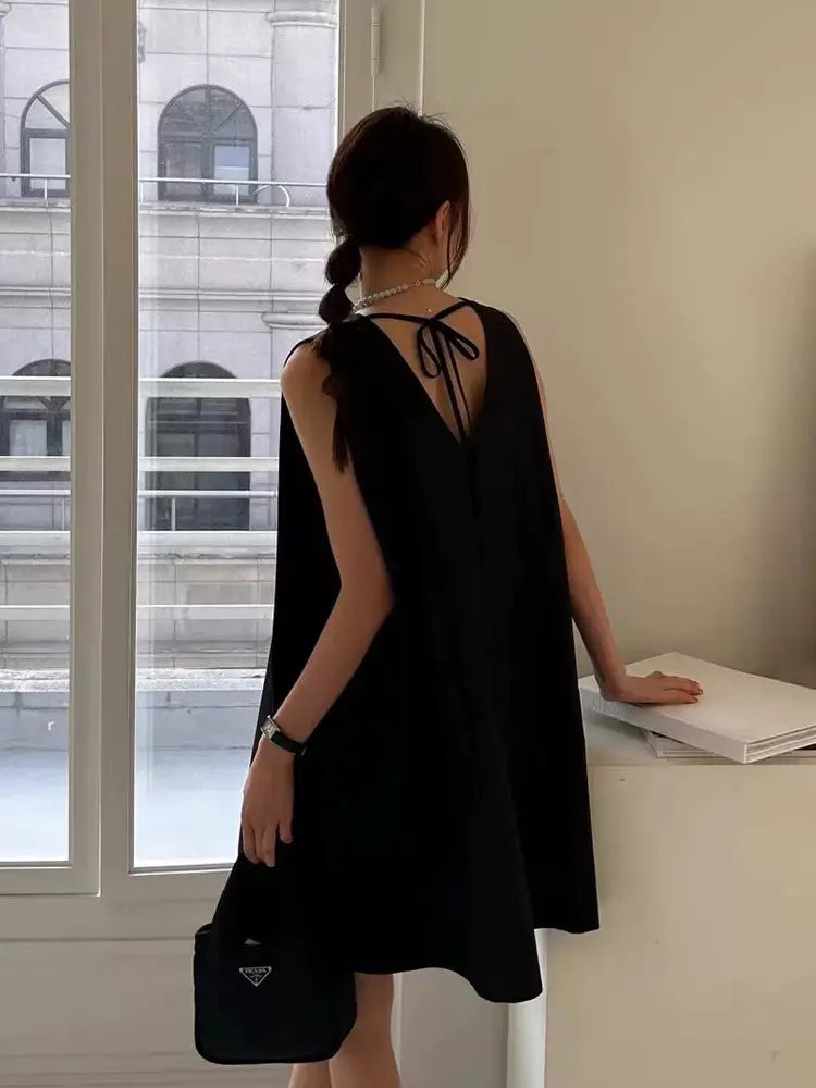 V-neck Tie Back Loose Vest Short Dress PAINEVIDA