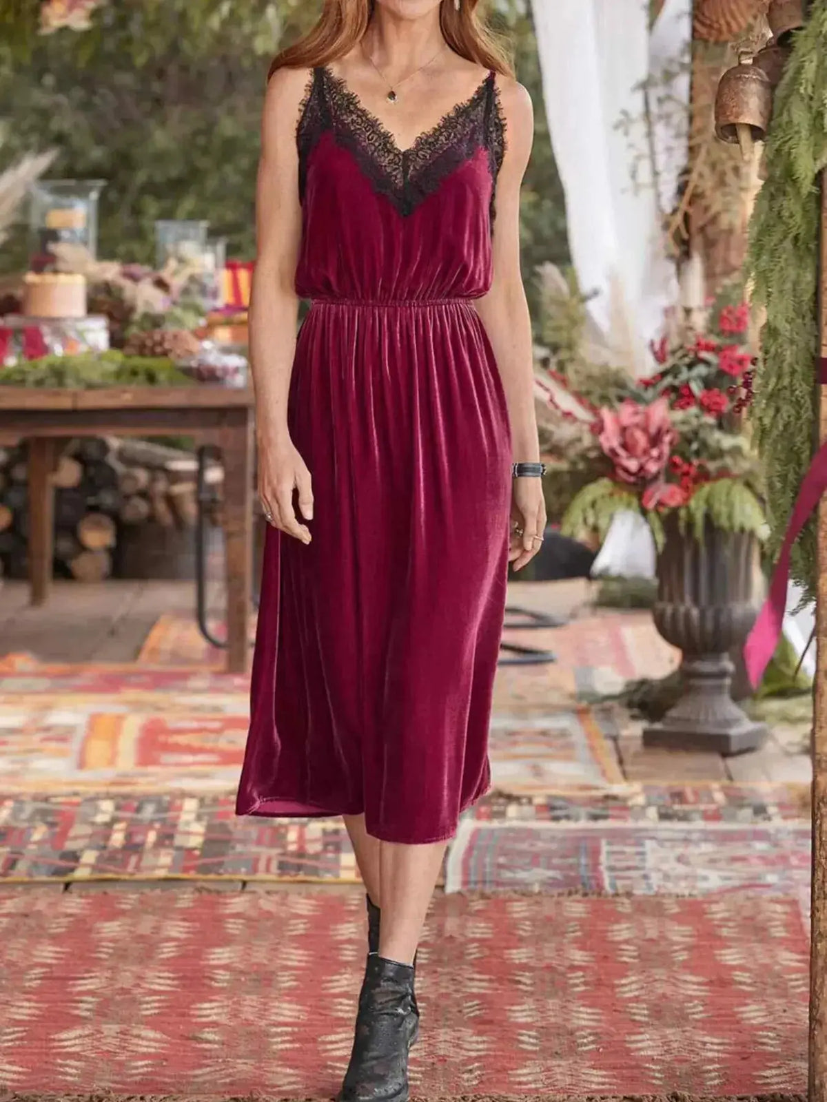 Velvet cami lounge dress with lace trim, women's sleepwear by Plush Fashion Hub, comfortable and elegant pajama style.