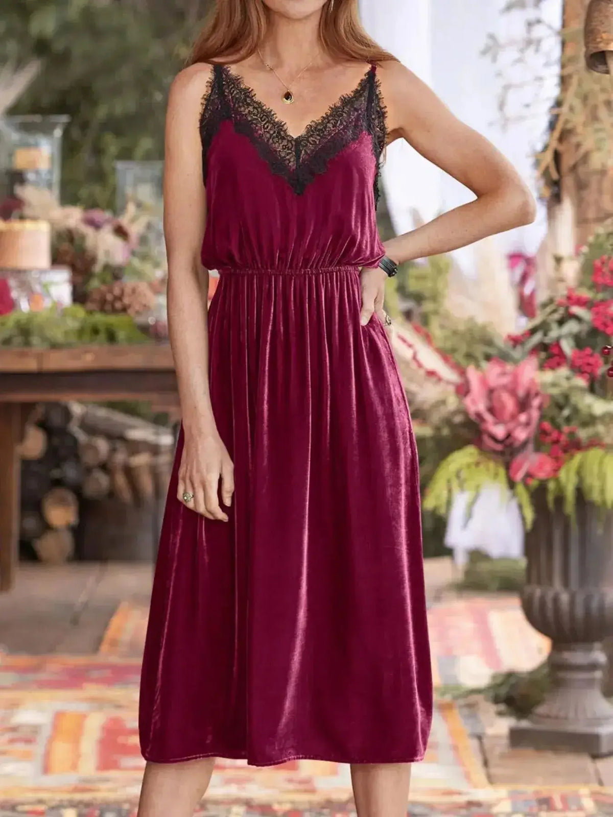 Velvet cami lounge dress with lace trim, women's sleepwear by Plush Fashion Hub, featuring a soft, elegant pajama style.