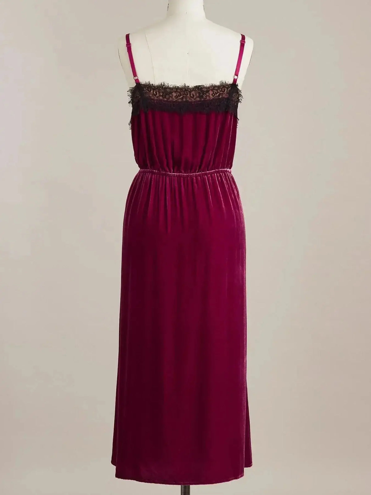 Velvet cami lounge dress with lace trim, women's sleepwear by Plush Fashion Hub, stylish and comfortable pajamas for relaxing nights.