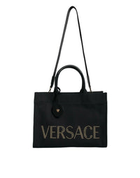 Versace Black Top Handle Canvas Leather Logo Crossbody Tote Bag MaraFormigone
