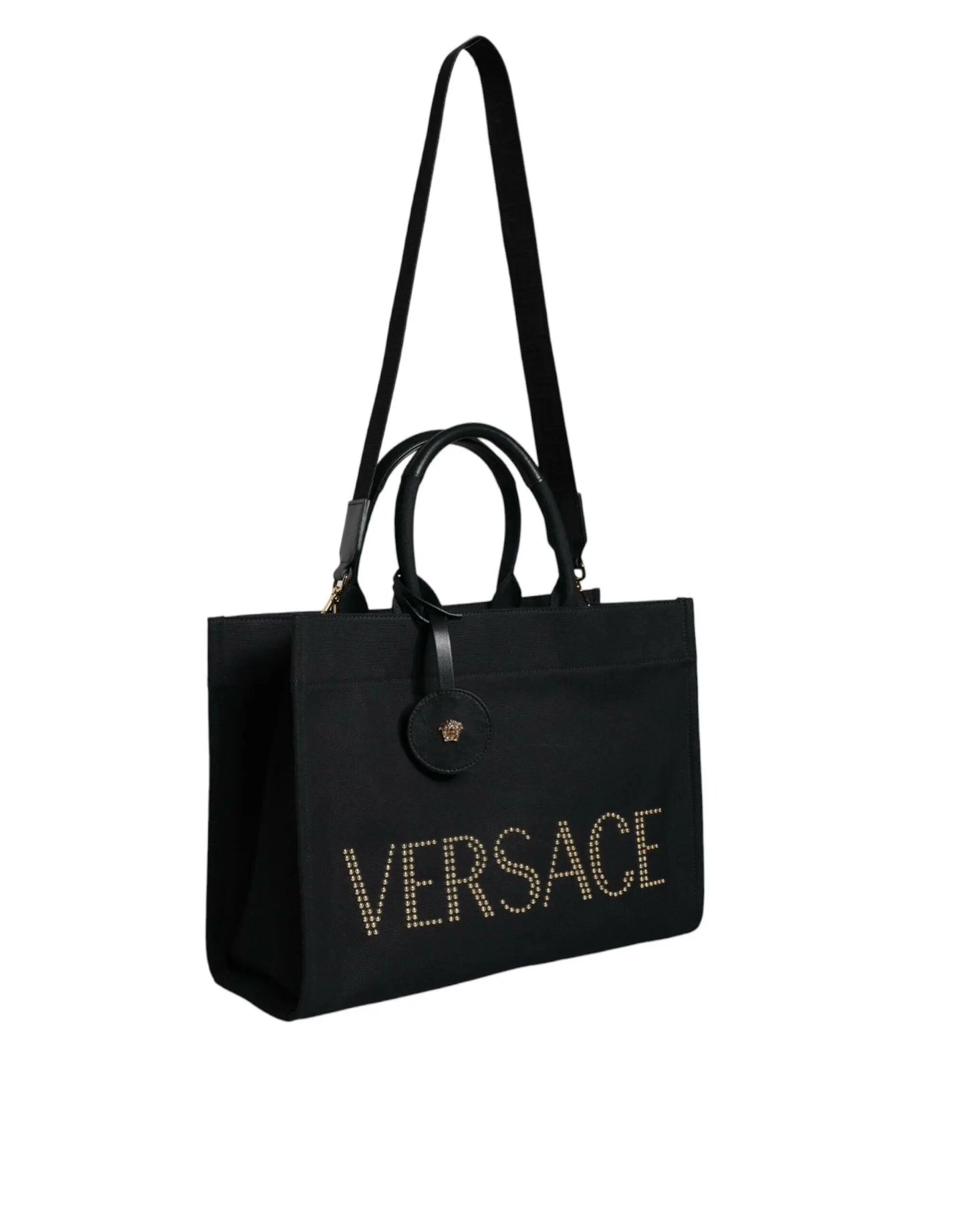 Versace Black Top Handle Canvas Leather Logo Crossbody Tote Bag MaraFormigone