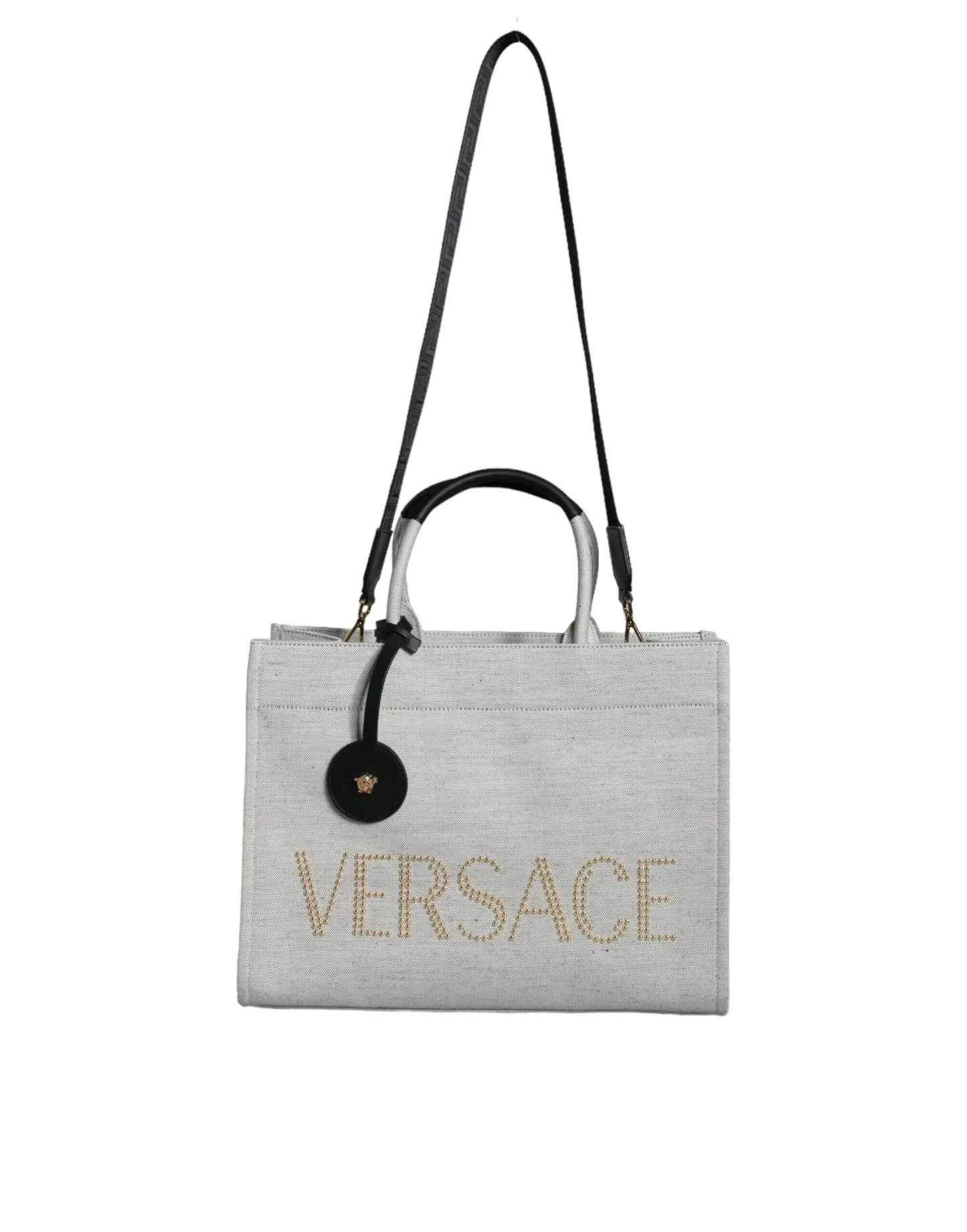 Versace White Top Handle Canvas Leather Logo Crossbody Tote Bag MaraFormigone