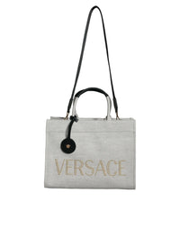 Versace White Top Handle Canvas Leather Logo Crossbody Tote Bag MaraFormigone