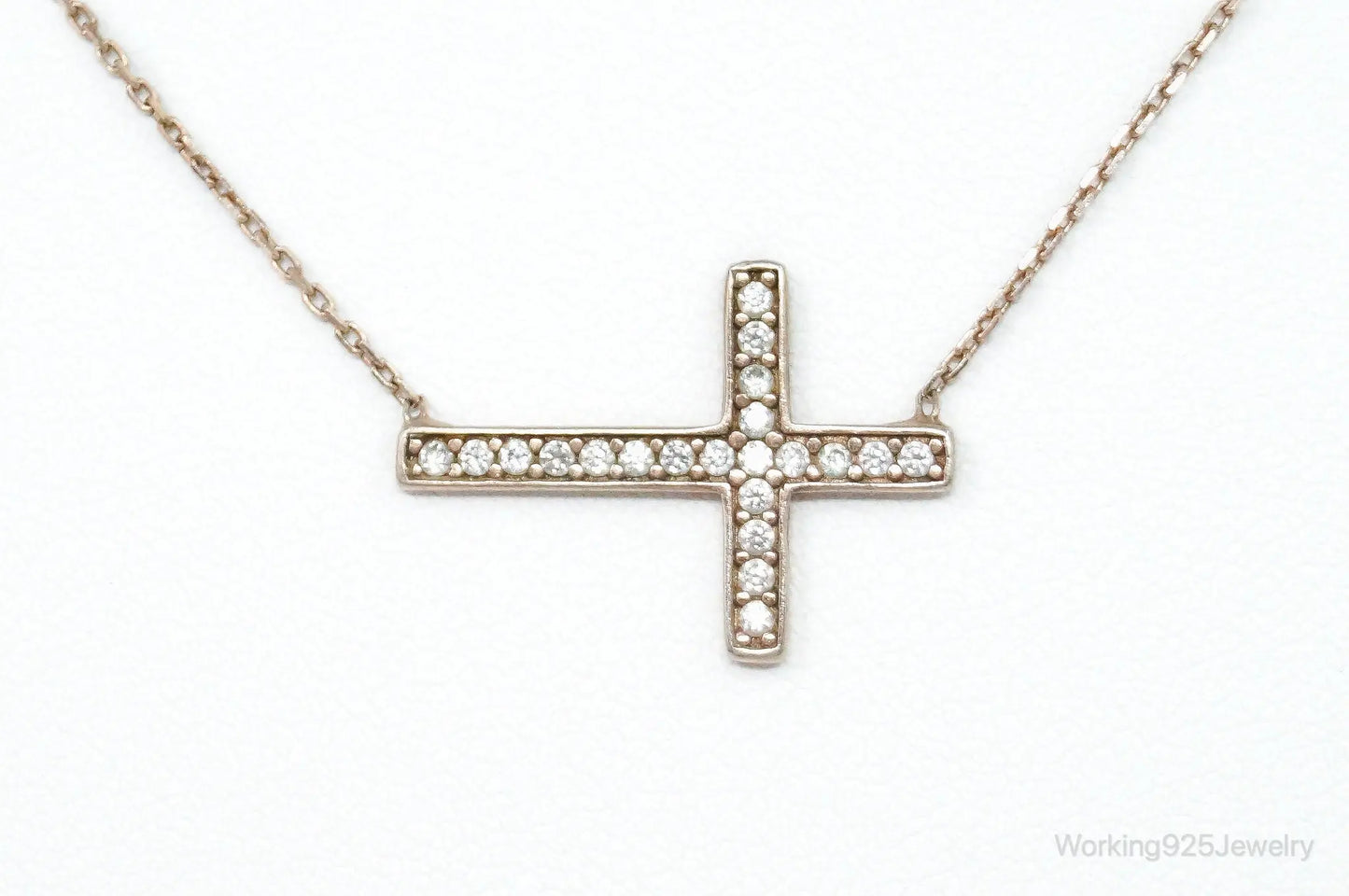 Vintage Cubic Zirconia Rose Gold Vermeil Sterling Silver Cross Necklace Plush Fashion Hub
