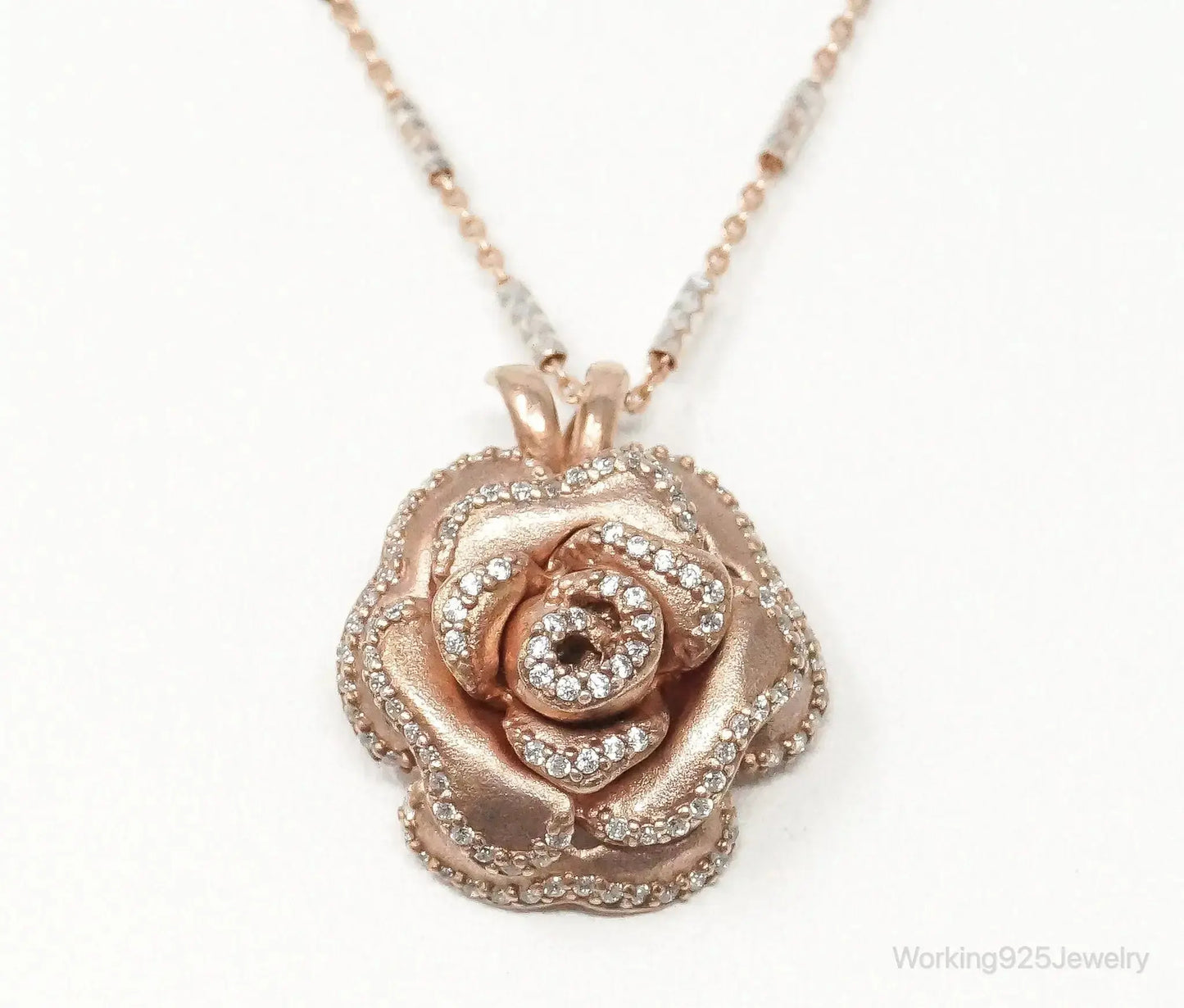 Vintage Cubic Zirconia Rose Gold Vermeil Sterling Silver Flower Necklace - Plush Fashion Hub