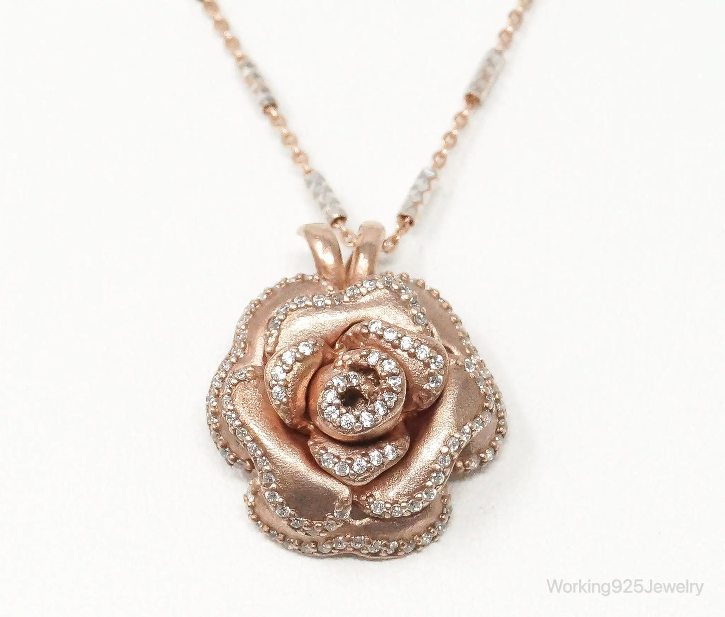Vintage Cubic Zirconia Rose Gold Vermeil Sterling Silver Flower Necklace Plush Fashion Hub