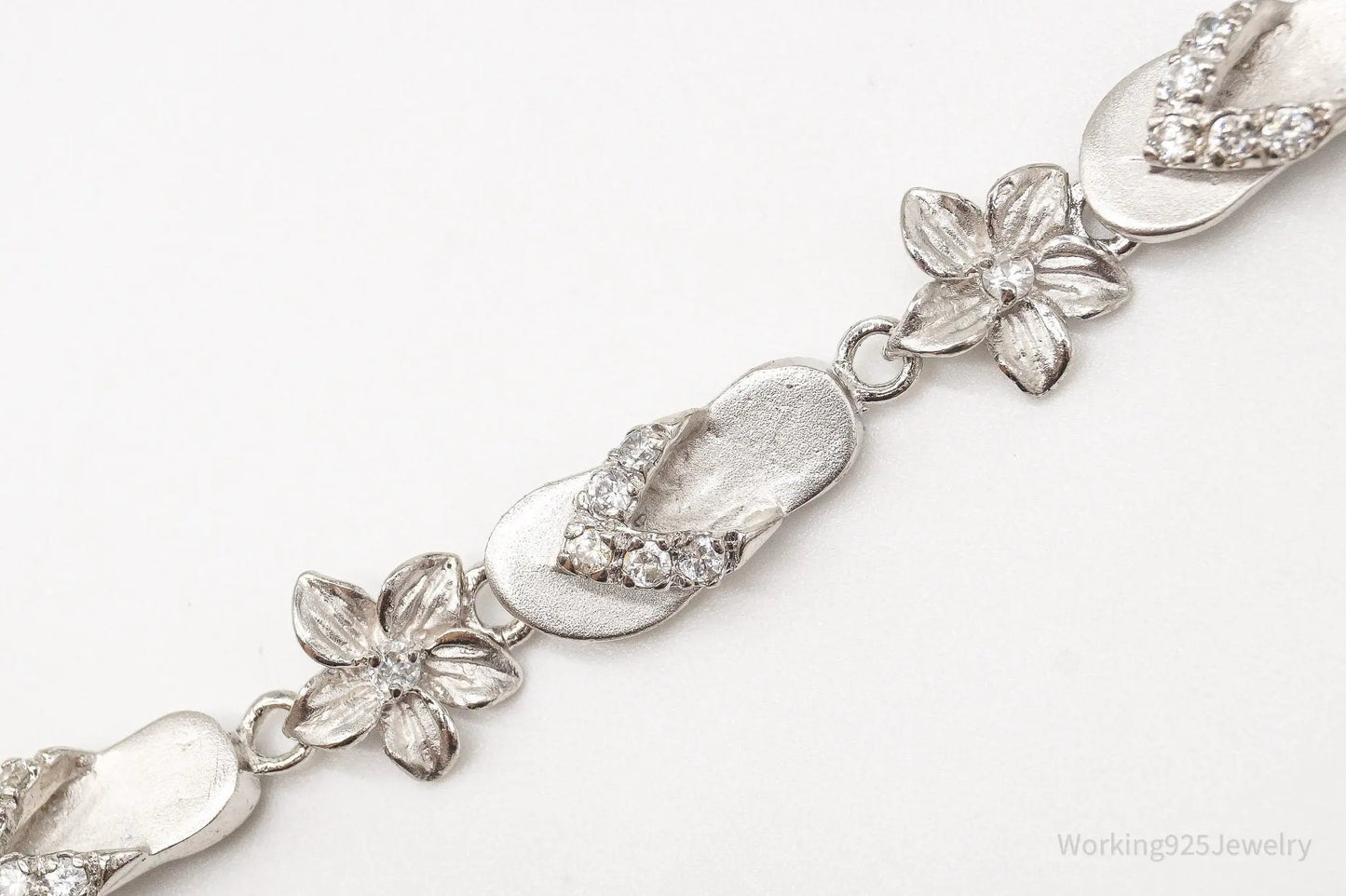 Vintage Cubic Zirconia Sandals & Flowers Sterling Silver Bracelet Plush Fashion Hub