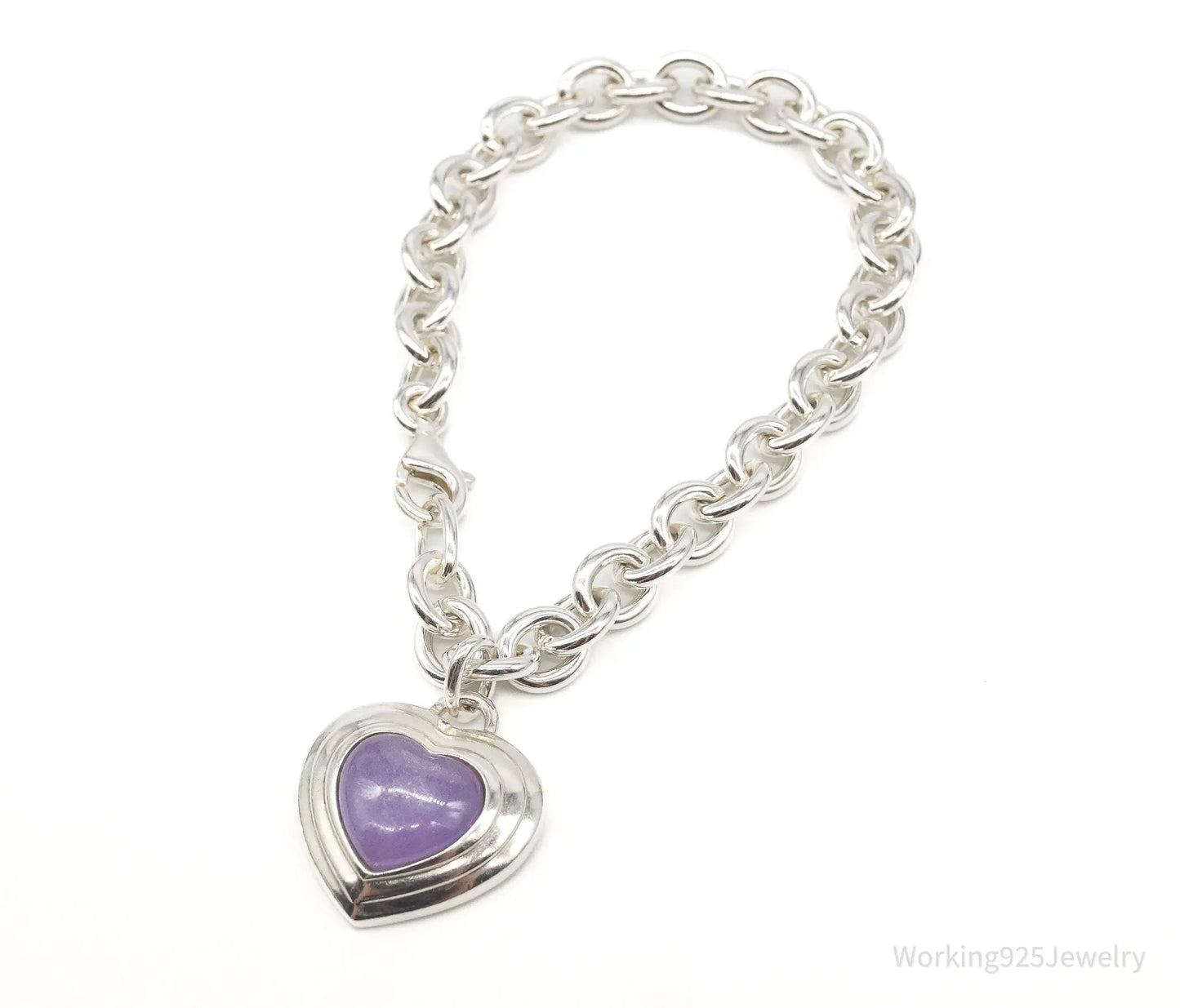 Vintage Designer CNA Lavender Jade Heart Chain Link Sterling Silver Bracelet Plush Fashion Hub